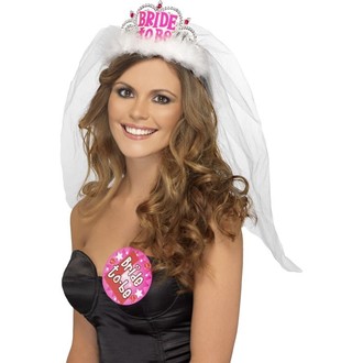Doplňky na karneval - Čelenka se závojem Bride to be bílá