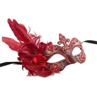 Masky - Škrabošky - Škraboška glitter, s peřím červená